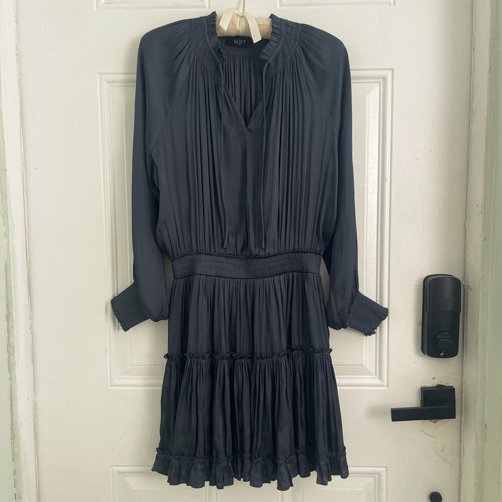 RESET by Jane Frankie Dress M Charcoal Satin Smocked Ruffle Mini Dress